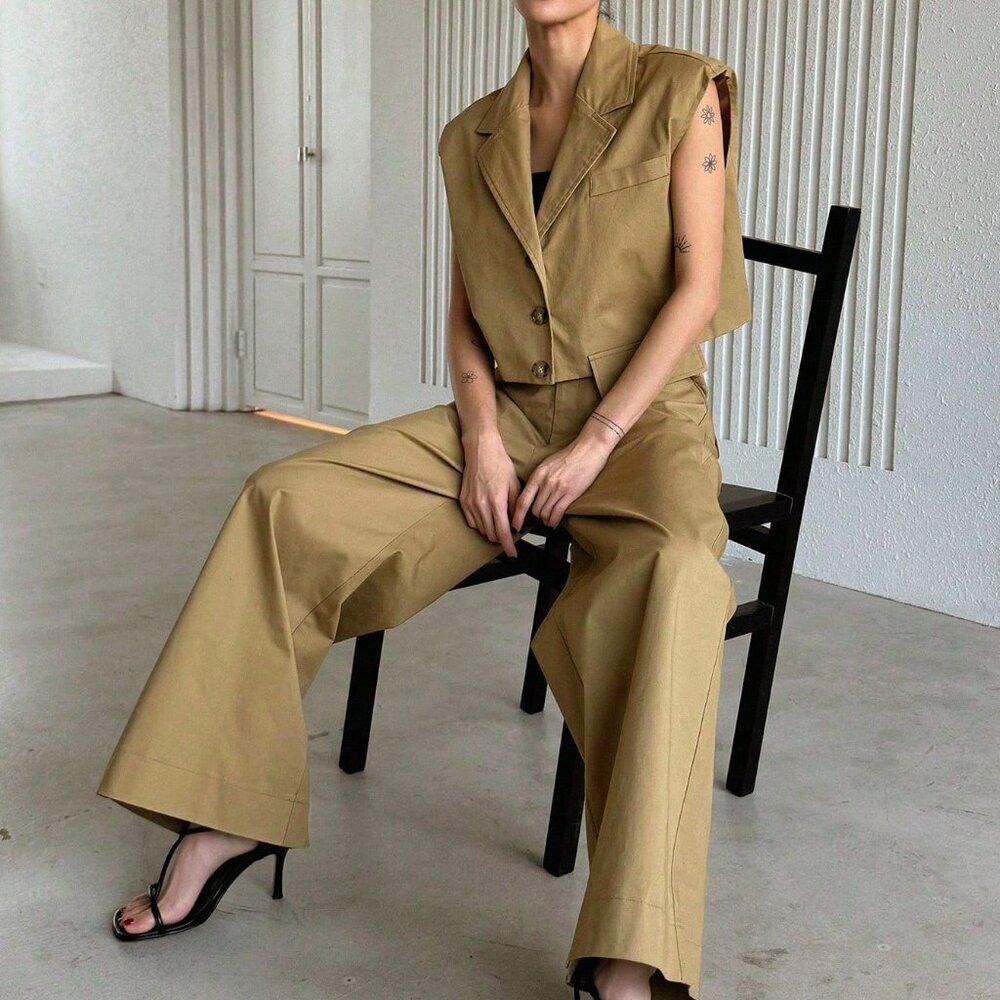 Khaki Casual Women's Turn-Down Collar Batwing Sleeve Top And Wide-Leg Pants Suit - Picture 9 of 9